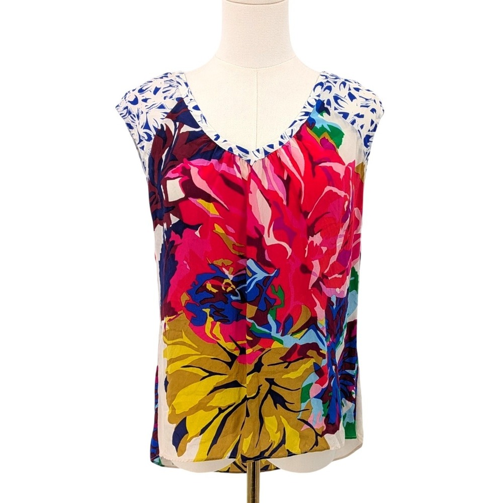 Maeve Anthropologie Silk Floral Sleeveless Blouse Colorblock Print Size 0‎